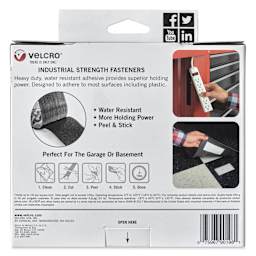 Velcro Brand Industrial Strength Fasteners - Tape Roll, White, 2" x 15 ft, back of packaging