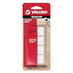 Velcro Sticky Back Fasteners - Pkg of 12, White, 7/8" Squares front of packaging
