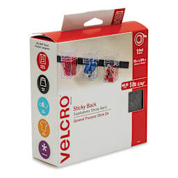 Velcro Brand Sticky Back Hook and Loop Fastener - Black, 3/4" x 15 ft (Angled view of packaging)