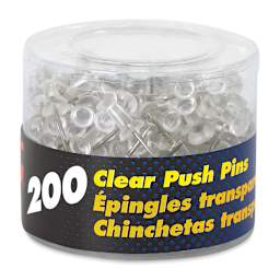 Officemate Push Pins - Front view of canister of 200 clear push pins