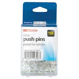 Officemate Push Pins - Front of blister package of Clear Push pins