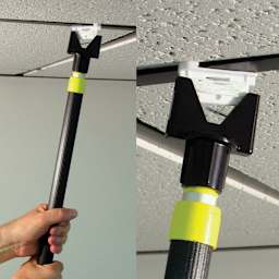 StikkiWorks Grid Ceiling Hanglers Put-er-Up-er Tool, person demonstration the use of the tool. 