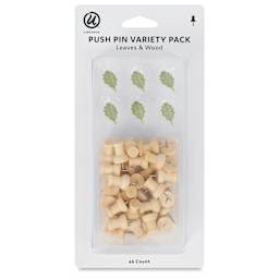 U Brands Push Pins - Leaves & Wood Variety Pack, Pkg of 46 front of packaging