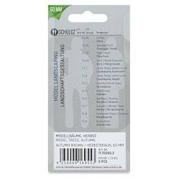 Schulcz Scale Model Trees - Leafy Tree, Metal Trunk, 60 mm, Pkg of 3 (back of package)