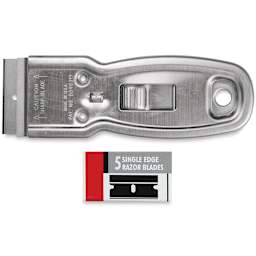 Excel Blades Hand-Held Scraper - Top view of Scraper With Box of 5 Blades adjacent