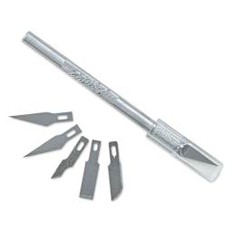 Excel Blades K1 Light Duty Knife with Assorted Blades, blades fanned out next to knife with cap on