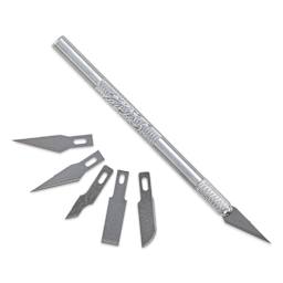 Excel Blades K1 Light Duty Knife with Assorted Blades, blades fanned out and knife with cap off