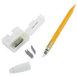 Olfa Designer Graphic Art Knife, replacement blades and needle inside case, next to knife