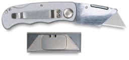 Excel Blades Folding Utility Knife - Shown open with replacement blade package