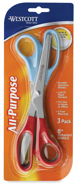 Westcott All Purpose Stainless Steel Scissors - Front of 3pk package of Assorted Color scissors