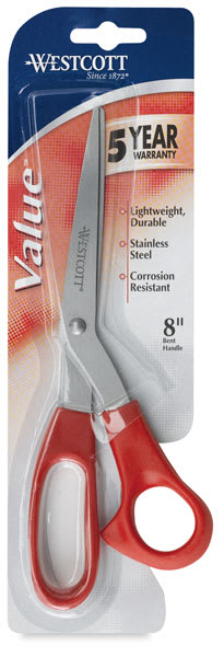 Westcott All Purpose Stainless Steel Scissors - Front of package of 8" Red Bent Scissors 