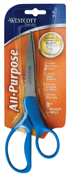 Westcott All Purpose Stainless Steel Scissors - Front of package of 8" Straight Blue Scissors