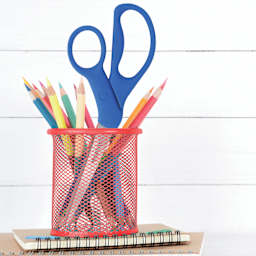 Westcott Preferred Line Scissor - 8", Blue, Bent, in organizer cup on desk