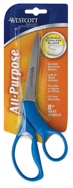 Westcott All Purpose Stainless Steel Scissors - Front of package of 8" Bent Blue Scissors