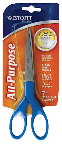 Westcott All Purpose Stainless Steel Scissors - Front of package of 7" Blue Straight Scissors 