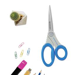 Westcott Anti-Microbial Soft Handle Scissors - Closed with assorted office supplies