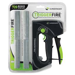 Surebonder Triggerfire Staple Gun Kit - Front of blister package showing Staple Gun and staples
