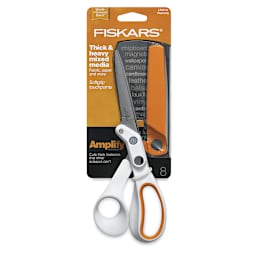 Fiskars Amplify Mixed Media Shears - Front of package showing scissors and blade sheath
