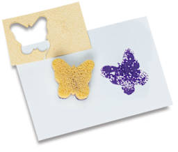 Miracle Sponges - Butterfly cut out and expanded being used as stamp with purple paint