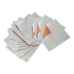 Art Metal Foil Sheets - Pkg of 12, 38 Gauge, Decorator Copper - three sheets partially peeled to show copper