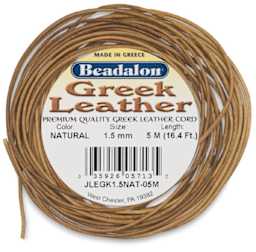 Greek Leather Cord - Front view of spool of Cord with label
