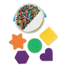 Perler Basic Fused Bead Kit - Top view of 5 different pegboards with Bucket of beads