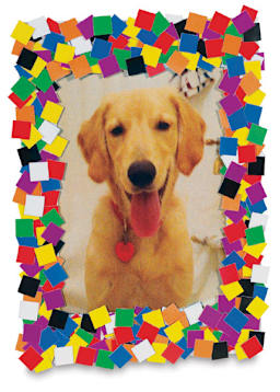 Roylco Mosaic Paper Squares - Picture frame decorated with Paper Squares showing a happy dog