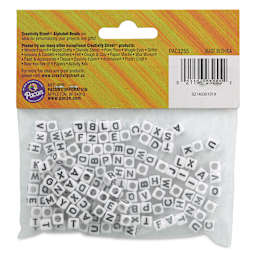 Creativity Street Plastic Alphabet Beads - Black/White, Pkg of 150, back of the packaging