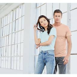 Bella Canvas Unisex T-shirt - Peach Heather, Large - couple wearing shirts of different colors