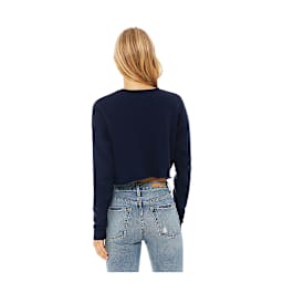 Bella Canvas Cropped Crew Fleece - Navy, Medium, model wearing cropped crew fleece