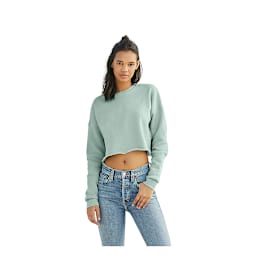 Bella Canvas Cropped Crew Fleece - Dusty Blue, Medium, woman wearing cropped crew fleece
