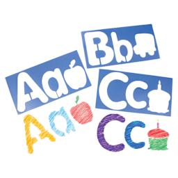 Roylco Big Alphabets and Pictures, three stencils laid out, traced and colored in