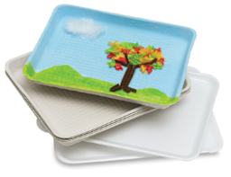 Hygloss Craft Trays - Two Styrofoam and two pulp trays shown in stack with top one painted with tree