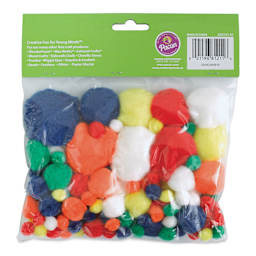 Creativity Street Pom Pons Assortments - Bright Hues, 1/4" to 2", Pkg of 100, back of the packaging