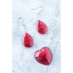 Castin'Craft EasyCast Resin Jewelry Mold - Finished red Drop Heart pendant and Teardrop Earrings