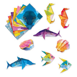 Djeco Origami Kit - Sea Creatures (Origami paper shown with completed origami sea creature projects)