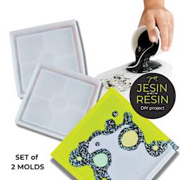 Colorberry Coaster Silicone Mold Set - Square - out of packaging, in progress, and finished example