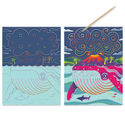 Djeco Dual-Color Scratch Boards - Topsy-Turvy, Set of 4 - single example, unfinished and finished 