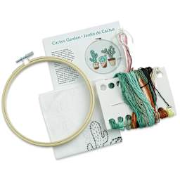 Leisure Arts Embroidery Kit - Cactus Garden, 6", laid out of the packaging