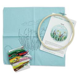 Leisure Arts Embroidery Kit - Green Fields, 8", contents laid out
