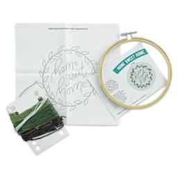 Leisure Arts Embroidery Kit - Home Sweet Home, 6", contents laid out