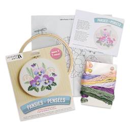 Leisure Arts Embroidery Kit - Pansies, 6", contents laid out