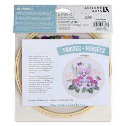 Leisure Arts Embroidery Kit - Pansies, 6", back of the packaging