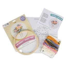 Leisure Arts Embroidery Kit - Pink Bouquet, 6", contents laid out