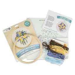 Leisure Arts Embroidery Kit - Yellow and Blue Flowers, 6", contents laid out