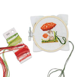 Kikkerland Mini Cross Stitch Embroidery Kit - Mushroom (Kit contents)