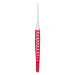 Prym Ergonomics Crochet Hook - E, hook in upright position outside of the packaging