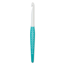 Prym Ergonomics Crochet Hook - L, hook in upright position outside of the packaging