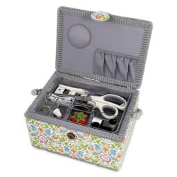 Dritz Essential Sewing Basket Kit, opened lid showing how the components fit.