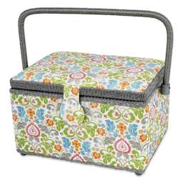 Dritz Essential Sewing Basket Kit, lid closed with raised handle.